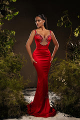 Designer Mermaid Satin Off-The-Shoulder Sleeveless Red Prom Dress With Rhinestone