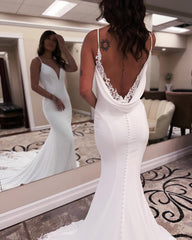 Designer Mermaid Spaghetti Straps Sleeveless Appliques Satin Lace Openback Train Wedding Dresses