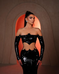 Designer Mermaid Strapless Long Sleeve Sequined Black Prom Dress