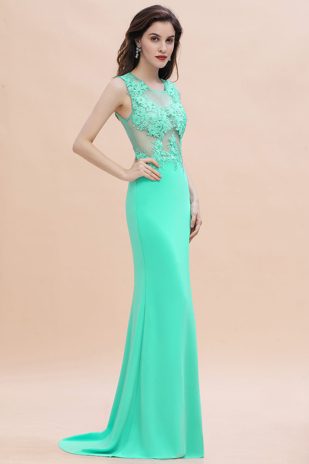 Designer Turquoise Crew neck Cap sleeve Lace appliques Curves/Mermaid Floor Length Dress