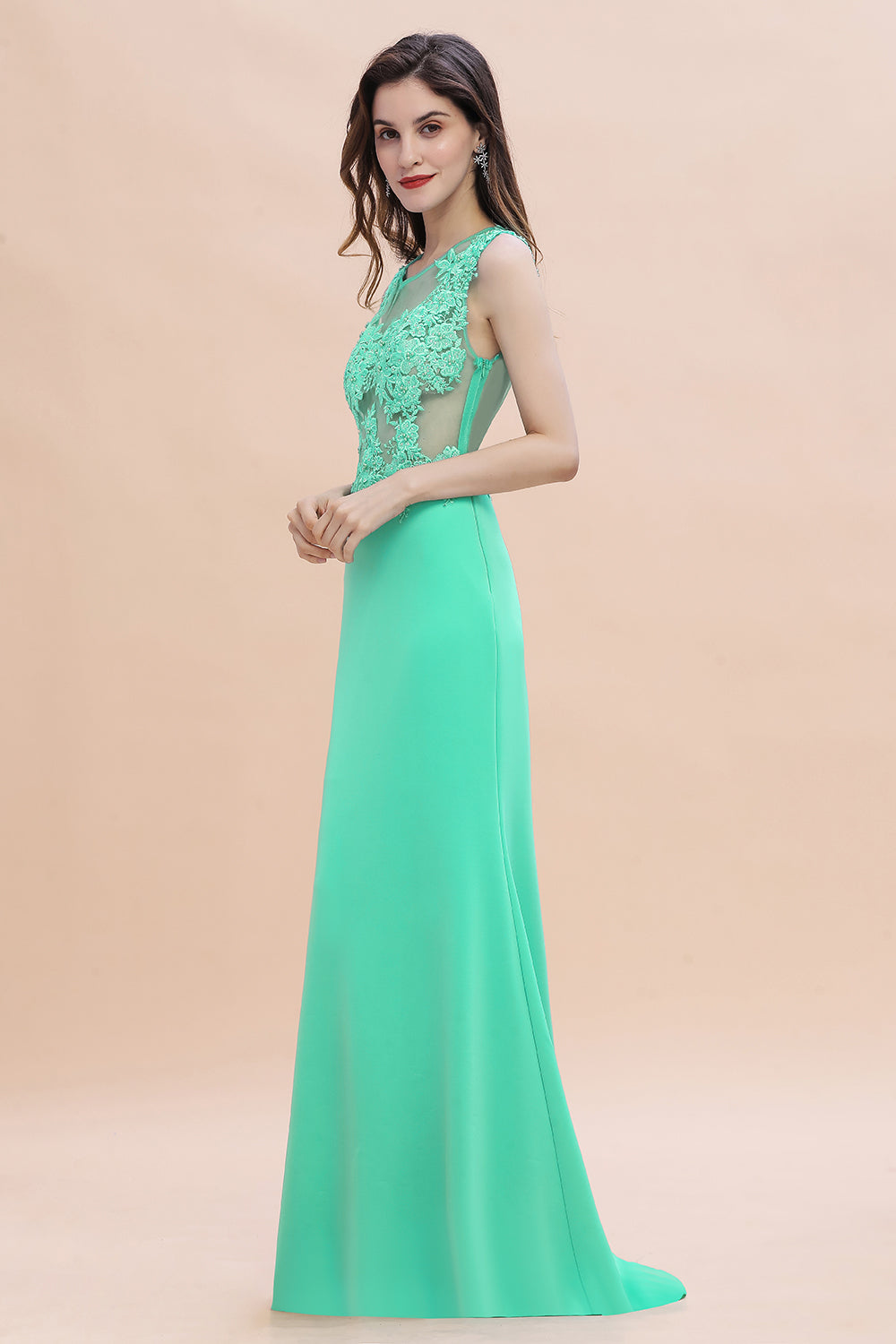 Designer Turquoise Crew neck Cap sleeve Lace appliques Curves/Mermaid Floor Length Dress