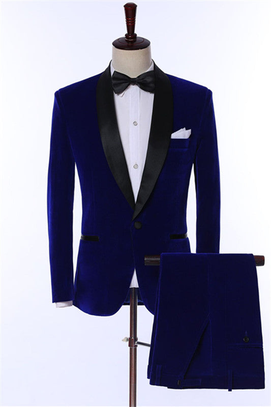 Devin Contemporary Navy Blue Shawl Collar Two-Piece Velvet Groom's Suit