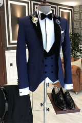 Devin Navy Blue Custom Three-Piece Business Suit with Black Peaked Lapel