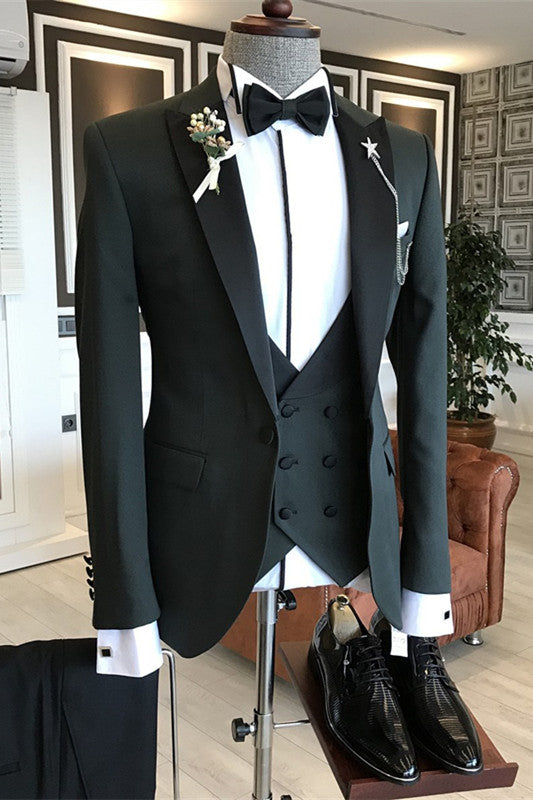 Dick Dark Green Three-Piece Chic Business Suit with Black Peaked Lapel