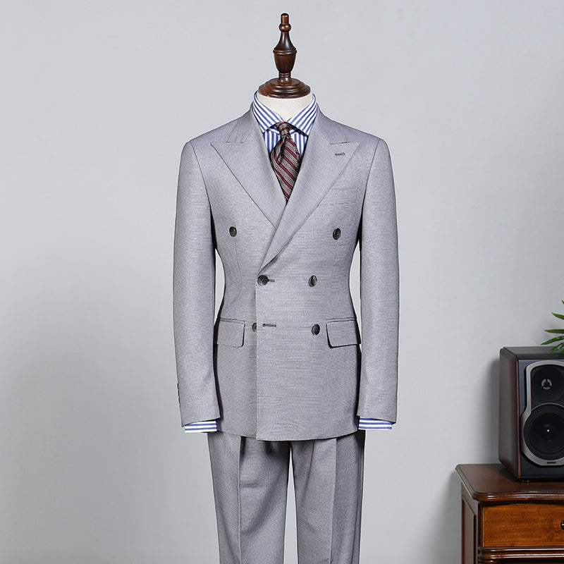 Dick Trendy Light Gray Peak Lapel Double Breasted Custom Business Suit