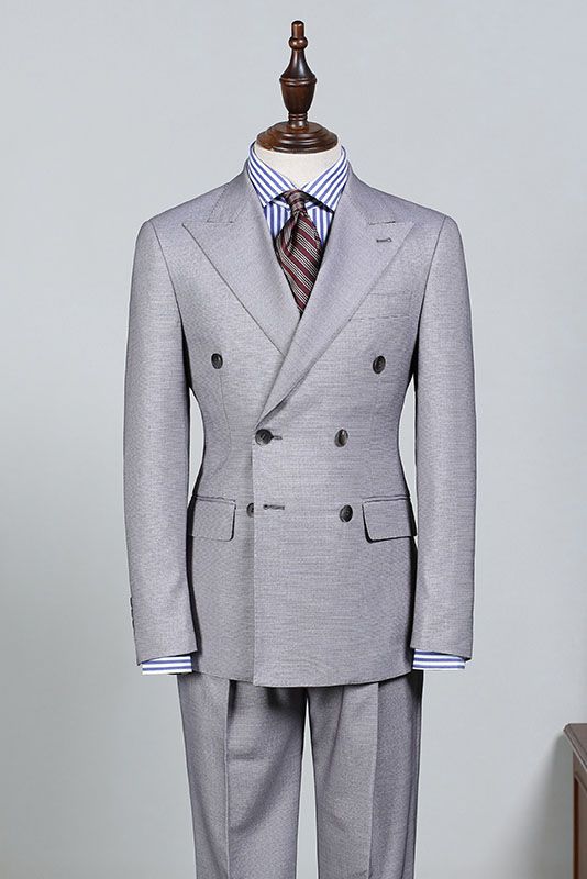 Dick Trendy Light Gray Peak Lapel Double Breasted Custom Business Suit