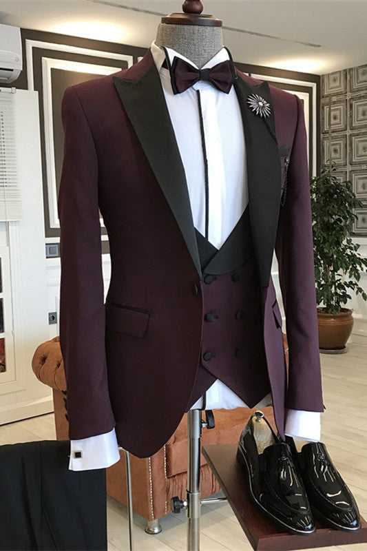 Dominic Deep Wine Three-Piece Glamorous Suit with Black Peaked Lapel