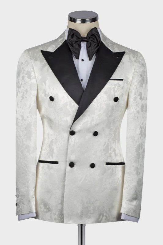 Dominic White Jacquard Double-Breasted Wedding Suit with Black Peaked Lapel