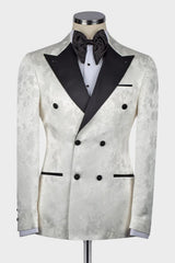 Dominic White Jacquard Double-Breasted Wedding Suit with Black Peaked Lapel