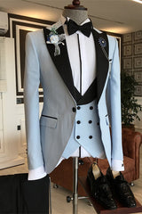 Don Light Blue Three-Piece Close-Fitting Prom Suit With Black Peaked Lapel