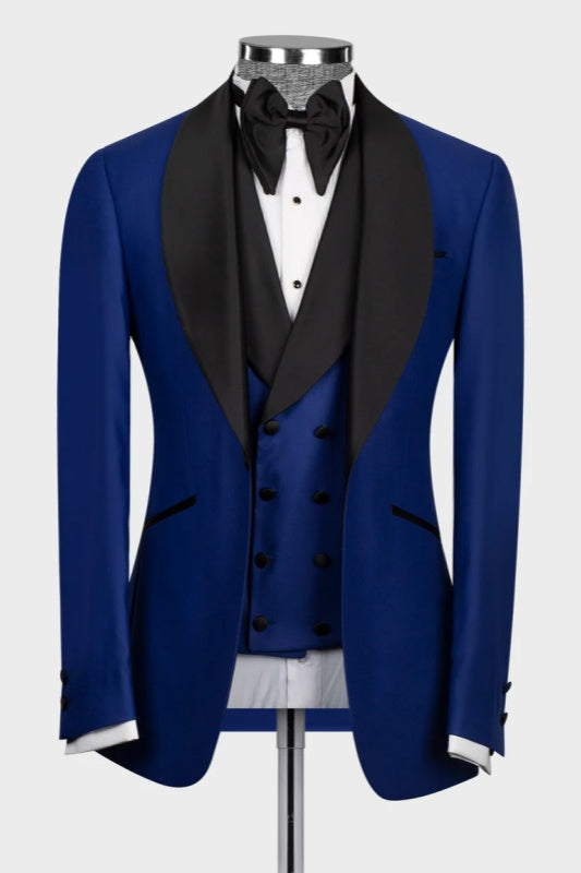 Don Royal Blue Shawl Collar Three-Piece Groom's Wedding Ensemble