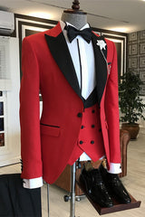 Donahue Trendy Red Three-Piece Prom Suit With Black Peaked Lapel