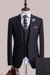 Drew Black Plaid Formal Notched Lapel Three-Piece Business Suit