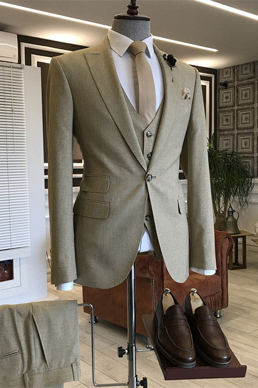 Drew Modern Light Khaki Three-Piece Peaked Lapel Business Suit