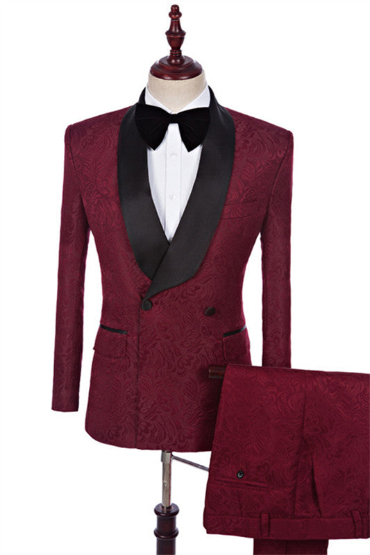 Dunn Modern Burgundy Shawl Lapel Jacquard Two-Piece Suit for Men