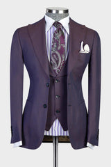 Eamonn Contemporary Dark Purple 3-Piece Peaked Lapel Business Men’s Suits