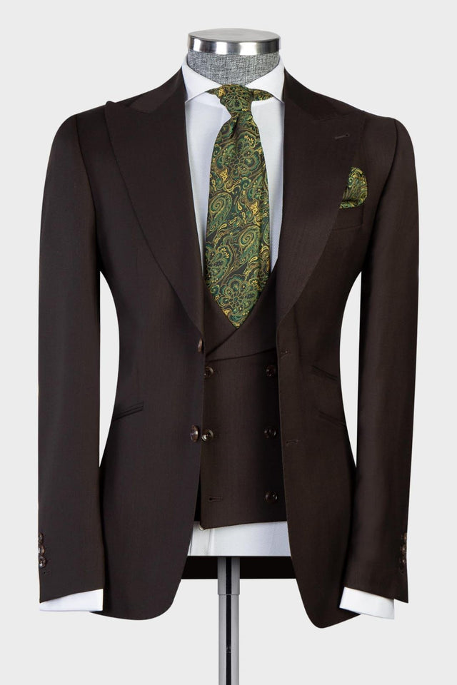 Earl Dark Brown Latest Peaked Lapel Three-Piece Men’s Business Suits