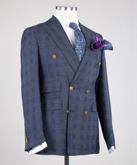 Edgar Formal Navy Plaid Double Breasted Peak Lapel Business Suits