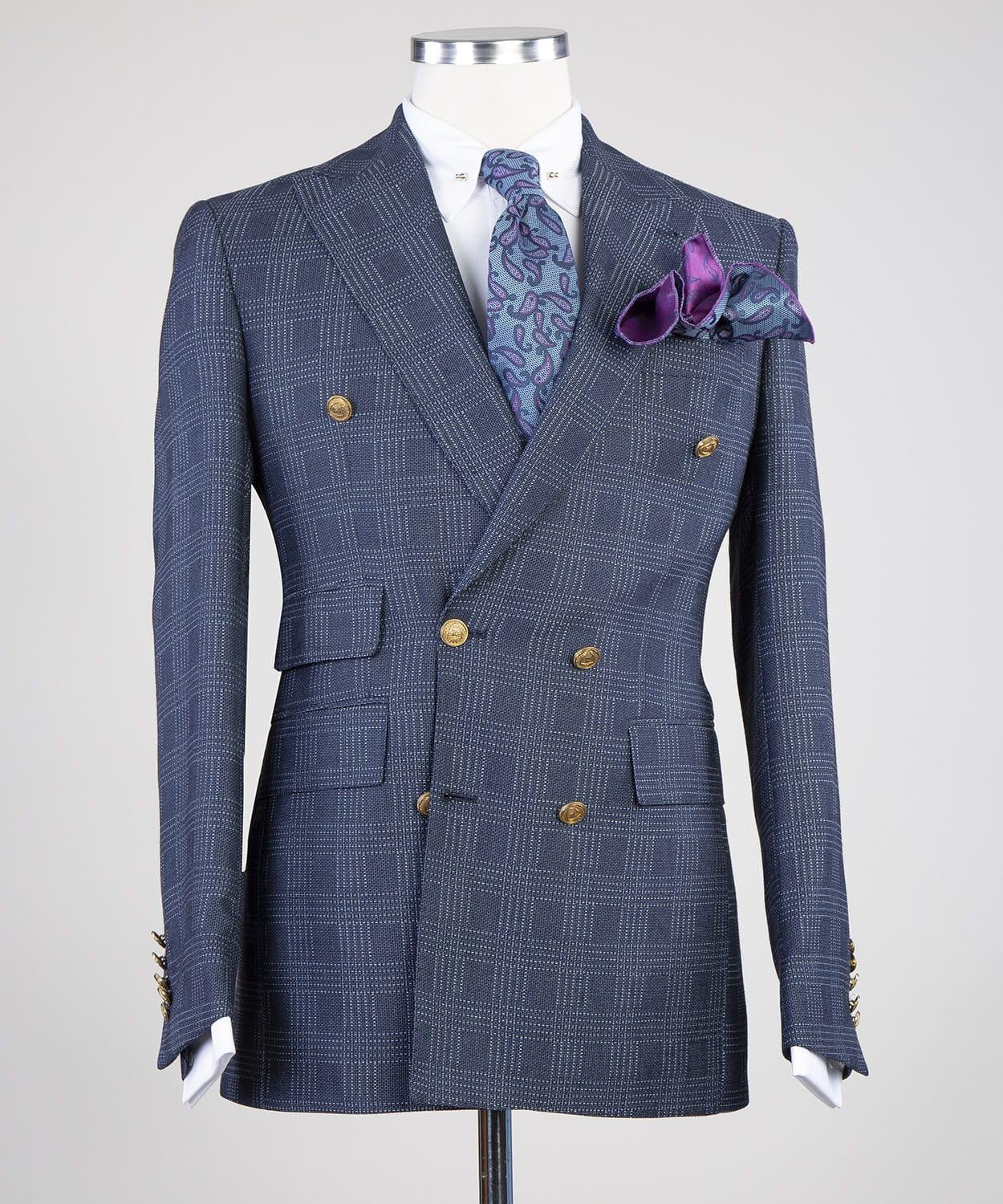 Edgar Formal Navy Plaid Double Breasted Peak Lapel Business Suits