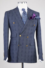 Edgar Formal Navy Plaid Double Breasted Peak Lapel Business Suits