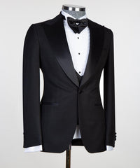 Edmund New Black Three-Piece Men’s Suit with Satin Peaked Lapel