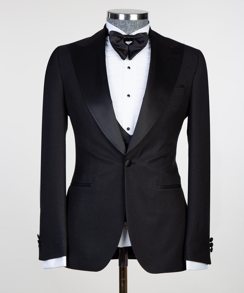 Edmund New Black Three-Piece Men’s Suit with Satin Peaked Lapel