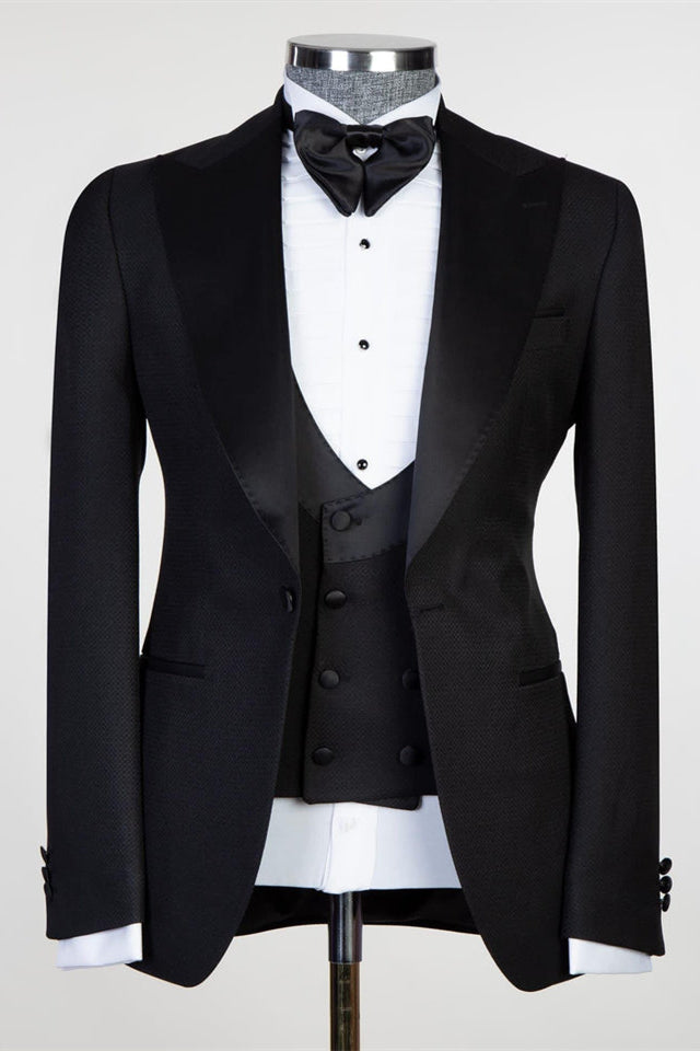 Edmund New Black Three-Piece Men’s Suit with Satin Peaked Lapel