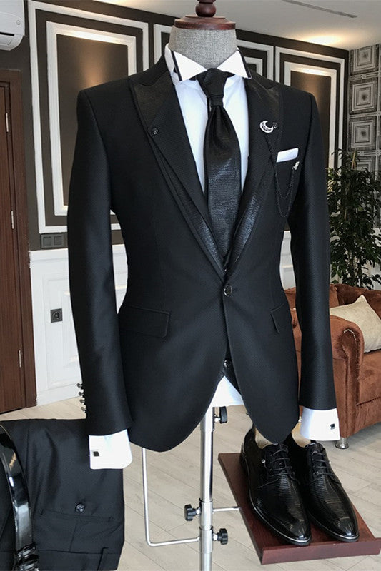 Edson Black Bespoke Peaked Lapel Three-Piece Business Suit