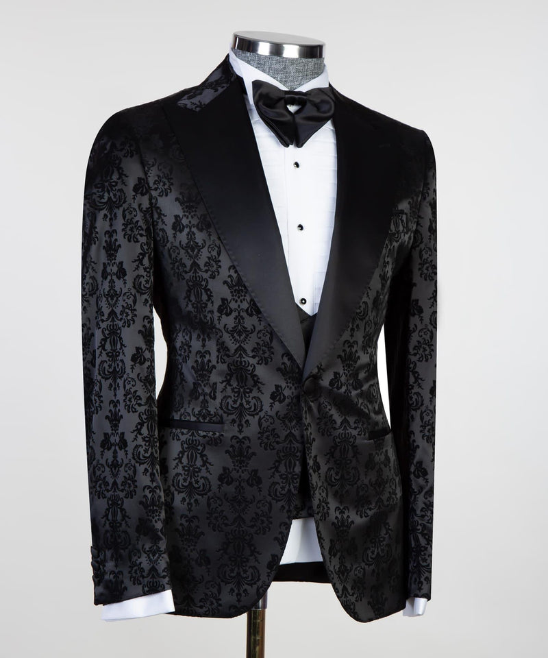 Edward Tailored Black Jacquard Peaked Lapel Three-Piece Men’s Suit