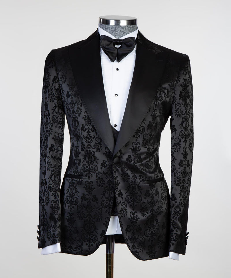 Edward Tailored Black Jacquard Peaked Lapel Three-Piece Men’s Suit