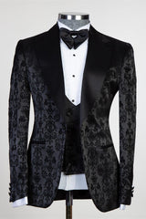 Edward Tailored Black Jacquard Peaked Lapel Three-Piece Men’s Suit