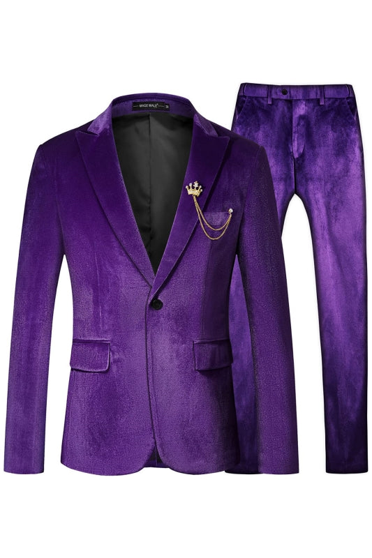 Edwiin Chic Purple Peaked Lapel Velvet Prom Suit for Men