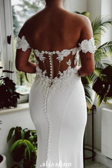 Eleagnt Long White Mermaid Off-the-shoulder Lace Wedding Dress with Train