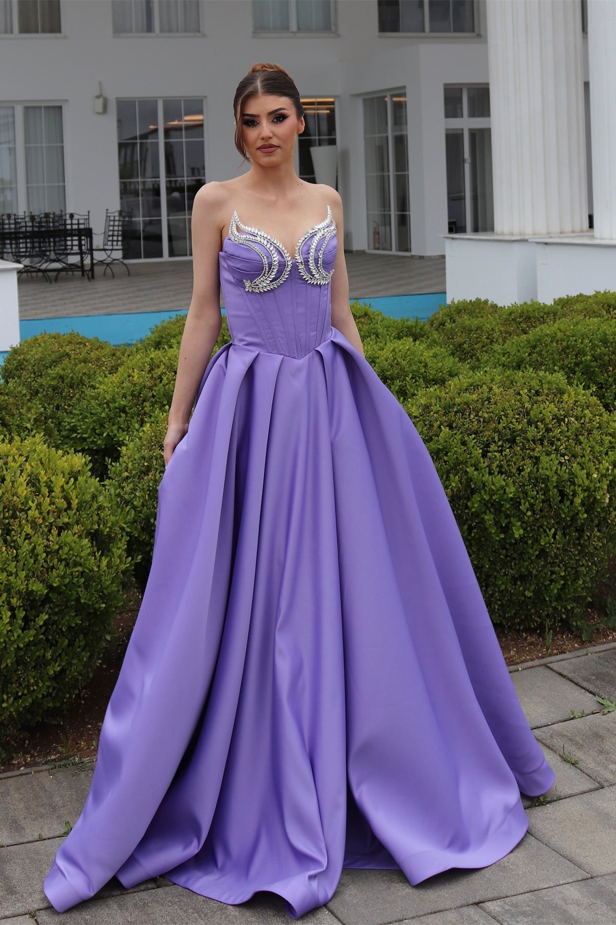 Elegant A-Line Sweetheart Sleeveless Ruffles Satin Purple Prom Dress