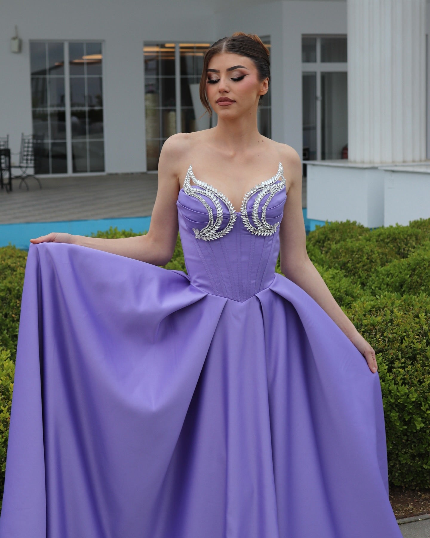 Elegant A-Line Sweetheart Sleeveless Ruffles Satin Purple Prom Dress