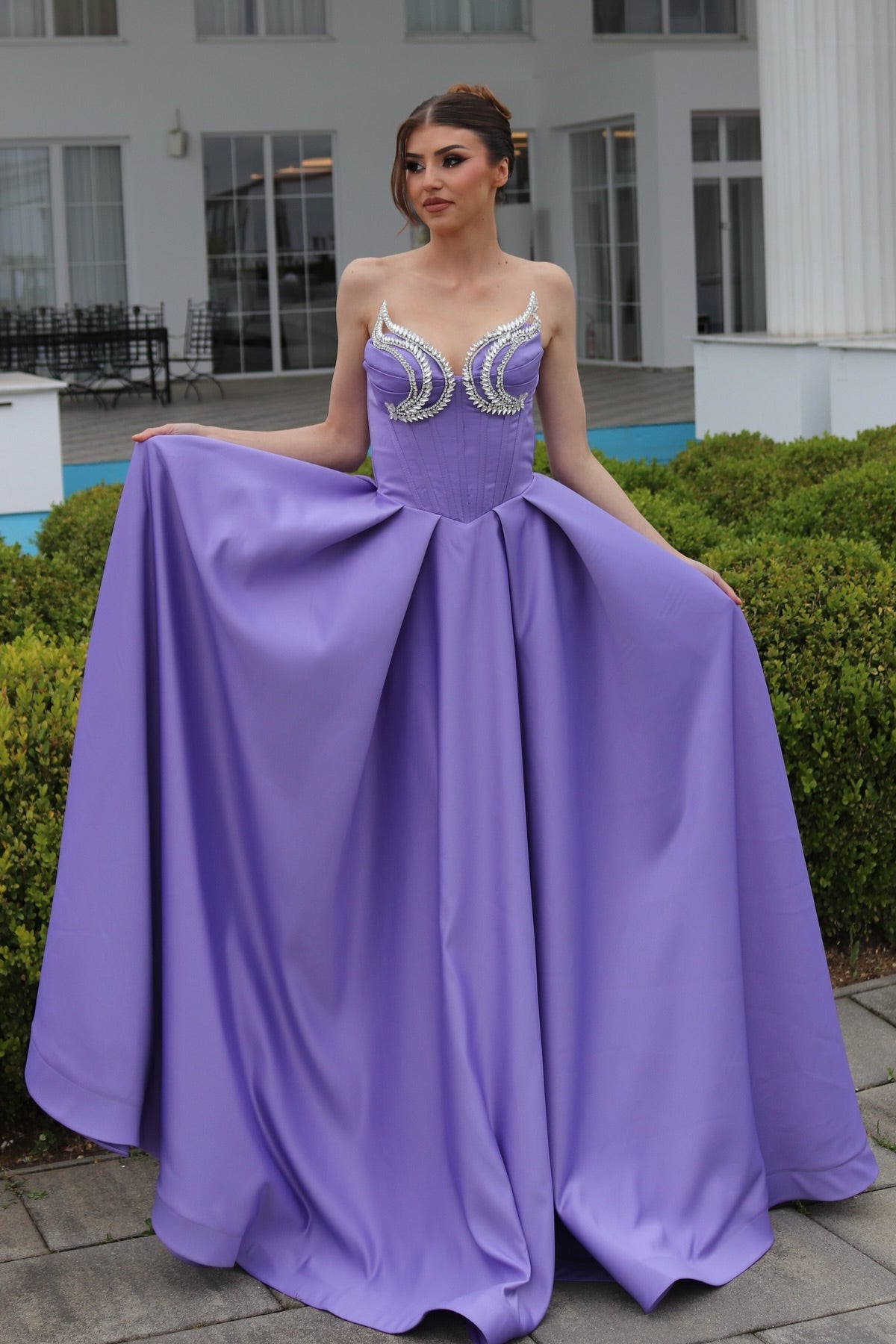 Elegant A-Line Sweetheart Sleeveless Ruffles Satin Purple Prom Dress