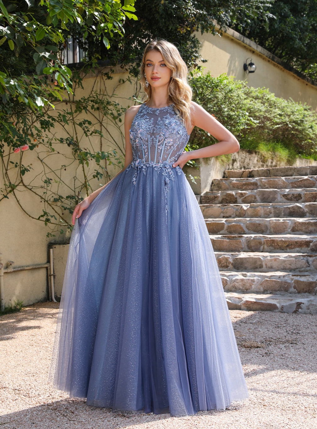 Elegant A-line Crew Neck Tulle Floor Length Dress with Appliques Dusty Blue