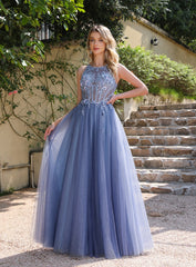 Elegant A-line Crew Neck Tulle Floor Length Dress with Appliques Dusty Blue