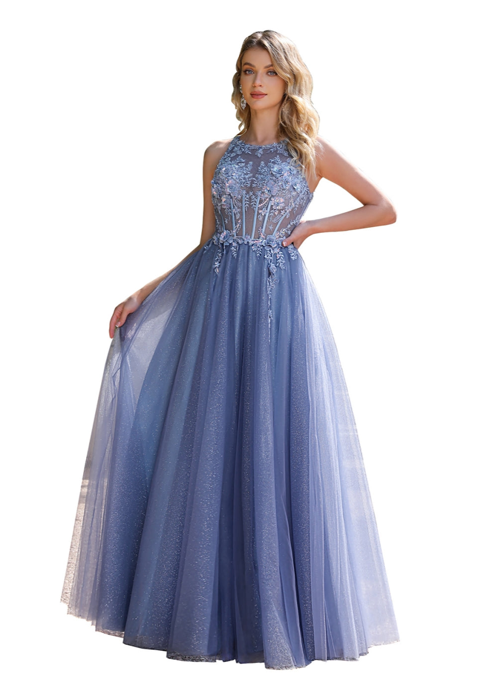 Elegant A-line Crew Neck Tulle Floor Length Dress with Appliques Dusty Blue