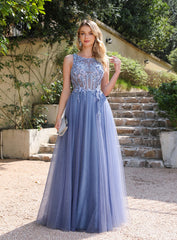 Elegant A-line Crew Neck Tulle Floor Length Dress with Appliques Dusty Blue