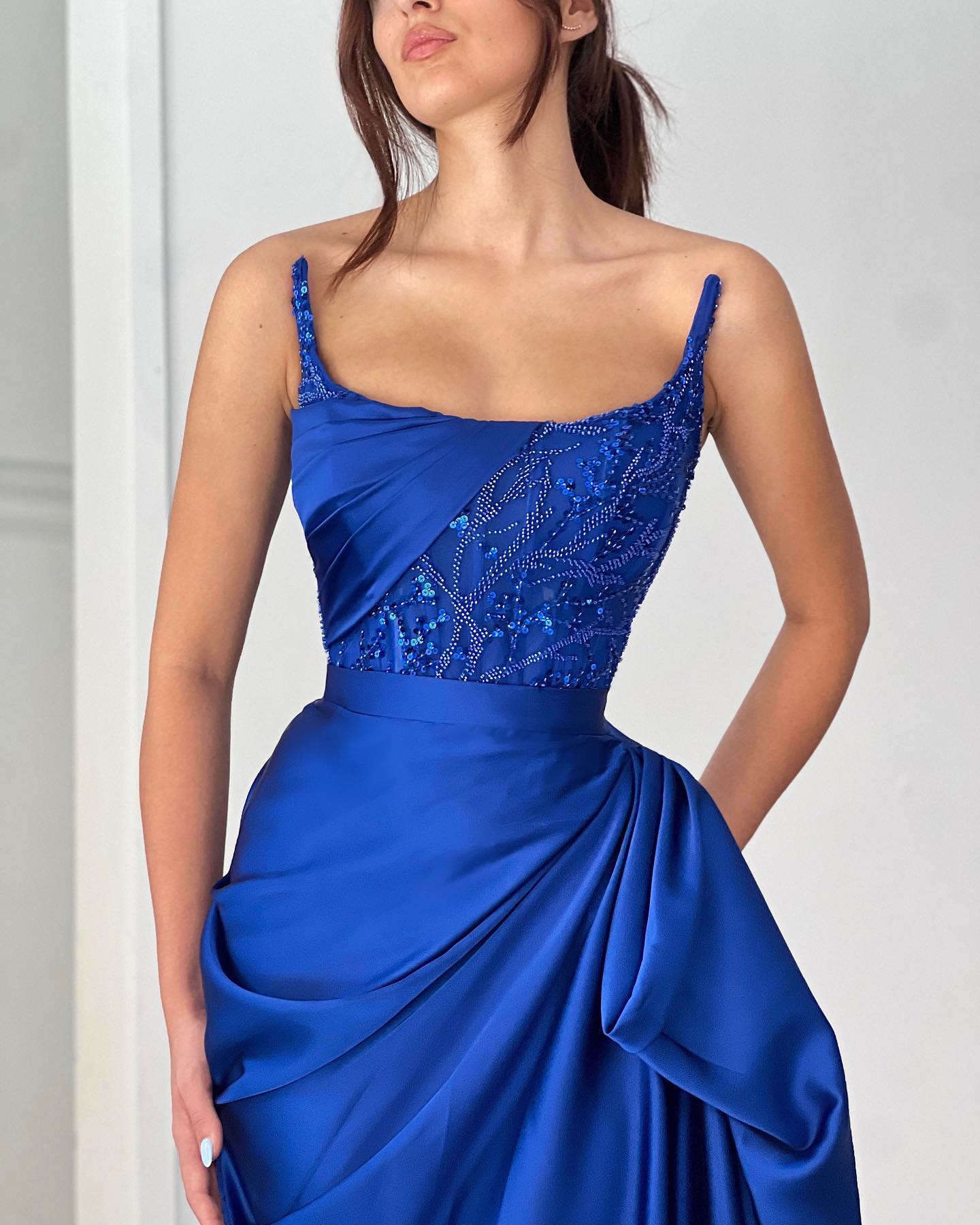 Elegant A-line Ruffles Sleeveless Square Satin Oceanblue Prom Dresses