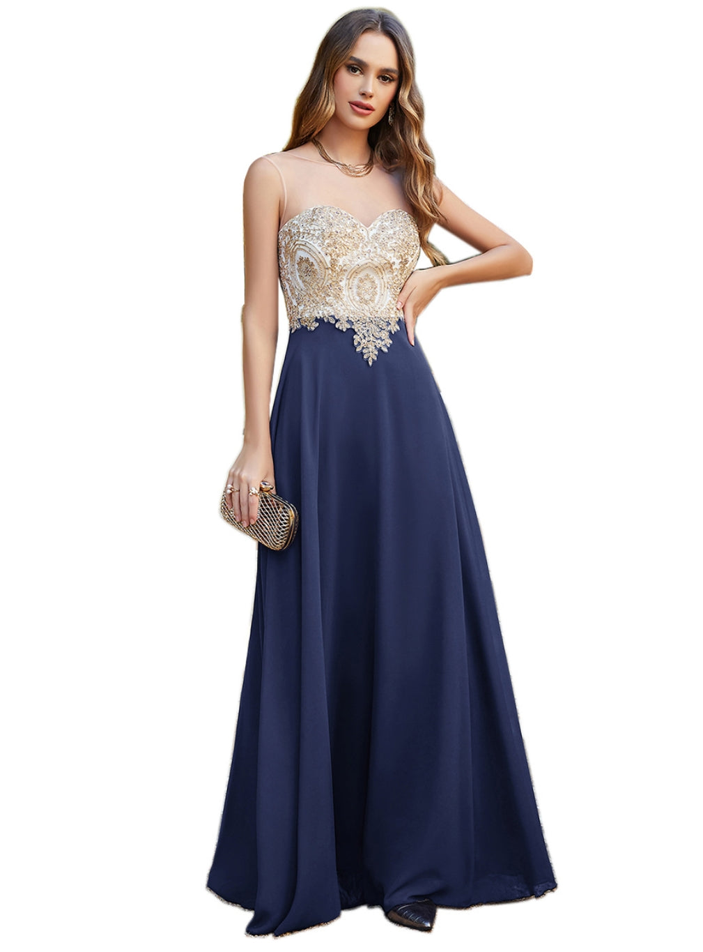 Elegant A-line Scoop Chiffon Appliques Floor-Length Dresses Dark Navy