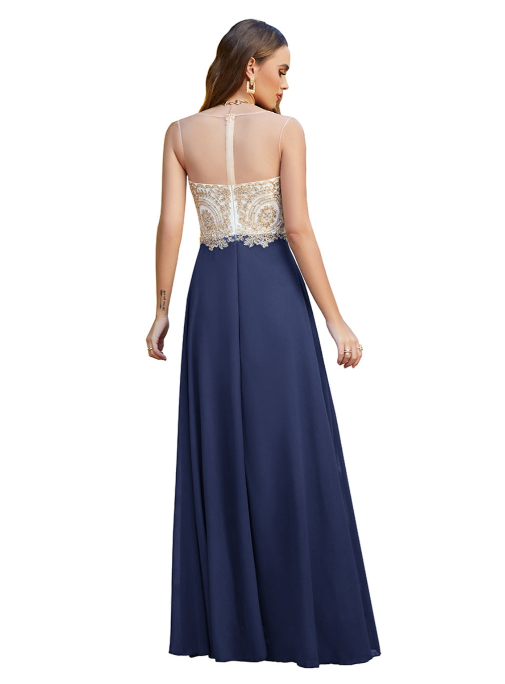 Elegant A-line Scoop Chiffon Appliques Floor-Length Dresses Dark Navy