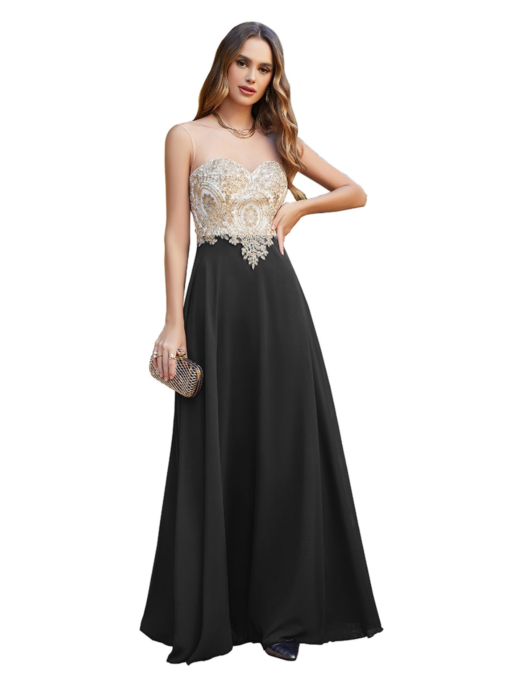 Elegant A-line Scoop Chiffon Appliques Floor-Length Dresses Dark Navy