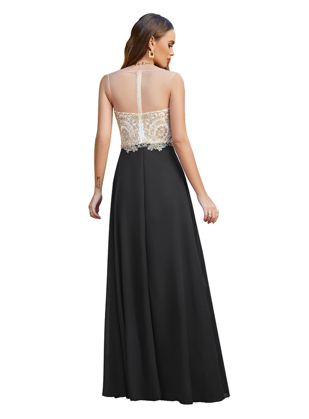 Elegant A-line Scoop Chiffon Appliques Floor-Length Dresses Dark Navy