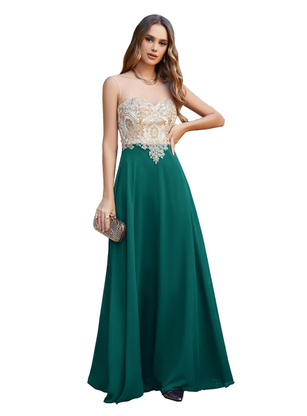 Elegant A-line Scoop Chiffon Appliques Floor-Length Dresses Dark Navy