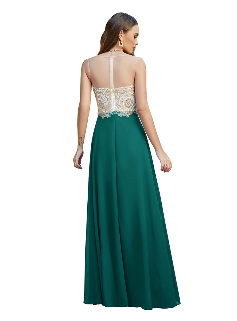 Elegant A-line Scoop Chiffon Appliques Floor-Length Dresses Dark Navy