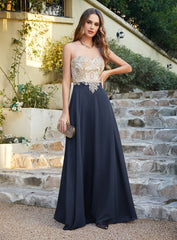 Elegant A-line Scoop Chiffon Appliques Floor-Length Dresses Dark Navy