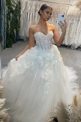 Elegant A-line Strapless Sleeveless Lace Sequined Tulle Wedding Dresses