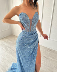 Elegant A-line V-neck Sleeveless Split Front Sequined Blue Prom Dress